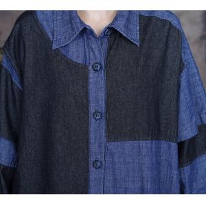 Blue Contrast Denim Shirt Coat Loose-Fit Bicolored Overcoat