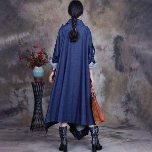 Asymmetrical Blue Trench Coat Polo Neck Designer Office Wear