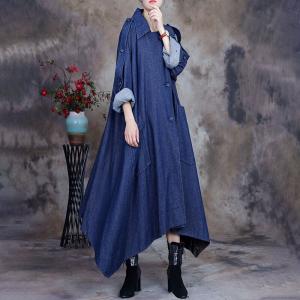 Asymmetrical Blue Trench Coat Polo Neck Designer Office Wear