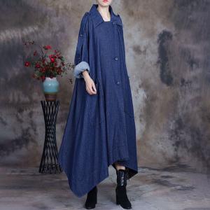 Asymmetrical Blue Trench Coat Polo Neck Designer Office Wear