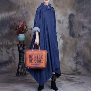 Asymmetrical Blue Trench Coat Polo Neck Designer Office Wear