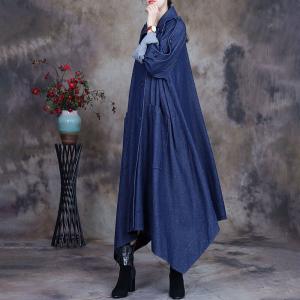 Asymmetrical Blue Trench Coat Polo Neck Designer Office Wear