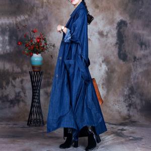 Printed Patchwork Jean Long Coat Lace Up Denim Trench