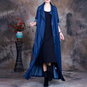 Printed Patchwork Jean Long Coat Lace Up Denim Trench