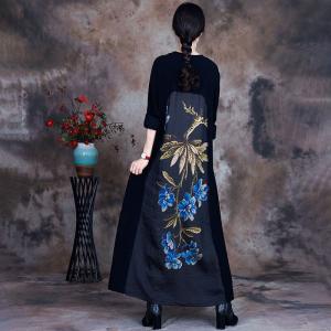 Blue Flowers Long Sleeve Black Dress Plus Size Fall Teacher Outfits