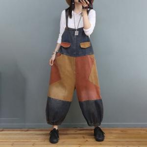 Baggy-Fit Color Block Fluffy Dungaree Womens Farm Overalls