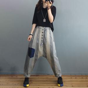 Chunky Striped Harem Jeans Button Down Low Crotch Tapered Jeans