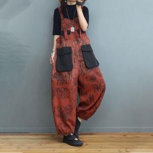 Black Pockets Abstract Letter Baggy Overalls Balloon Legs Gardening Clothes