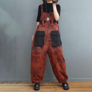 Black Pockets Abstract Letter Baggy Overalls Balloon Legs Gardening Clothes