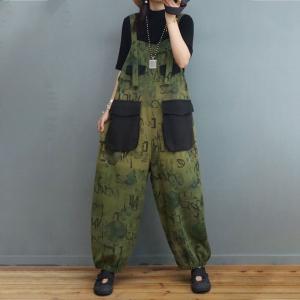 Black Pockets Abstract Letter Baggy Overalls Balloon Legs Gardening Clothes