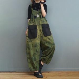 Black Pockets Abstract Letter Baggy Overalls Balloon Legs Gardening Clothes