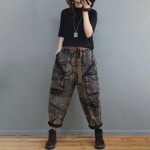 Totem Patterns Baggy Boyfriend Jeans Letter Prints Black Dad Jeans