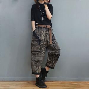 Totem Patterns Baggy Boyfriend Jeans Letter Prints Black Dad Jeans