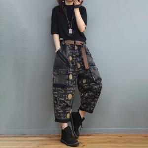 Totem Patterns Baggy Boyfriend Jeans Letter Prints Black Dad Jeans