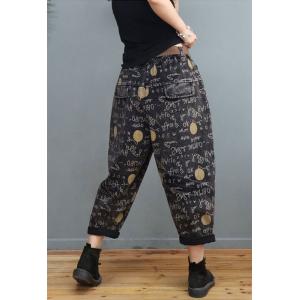 Totem Patterns Baggy Boyfriend Jeans Letter Prints Black Dad Jeans