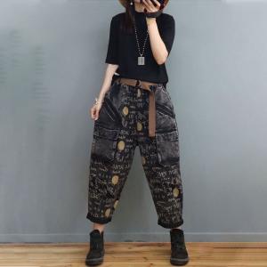 Totem Patterns Baggy Boyfriend Jeans Letter Prints Black Dad Jeans