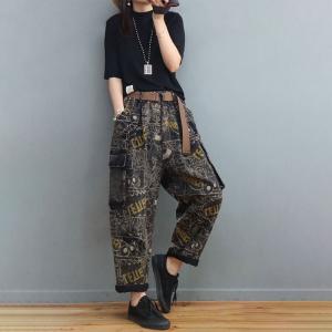 Side Pockets Fashion Printed Dad Jeans Black Letter 90s Jeans