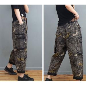 Side Pockets Fashion Printed Dad Jeans Black Letter 90s Jeans