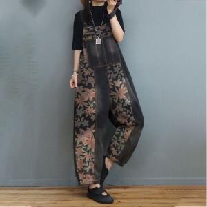 Red Flowers Black Bib Overalls Fluffy Loose Printed Overalls