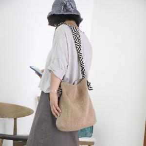 Striped Strap Hemp Shoulder Bag Womens Flax Beach Bag