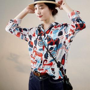 BF Style Artistic Cartoon Patterns Shirt Ramie Long Sleeves Blouse