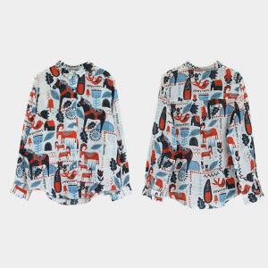 BF Style Artistic Cartoon Patterns Shirt Ramie Long Sleeves Blouse