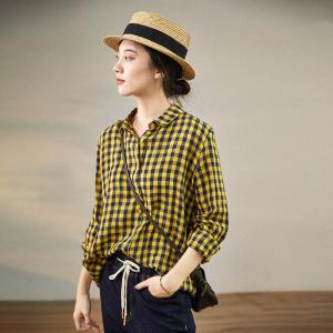 Relax-Fit Yellow Tartan Shirt Womens Linen Checkered Blouse