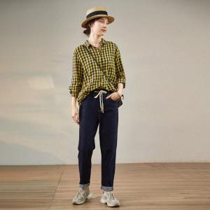 Relax-Fit Yellow Tartan Shirt Womens Linen Checkered Blouse