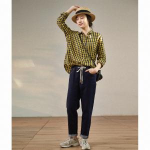 Relax-Fit Yellow Tartan Shirt Womens Linen Checkered Blouse