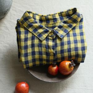 Relax-Fit Yellow Tartan Shirt Womens Linen Checkered Blouse