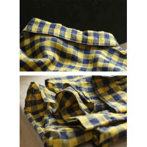 Relax-Fit Yellow Tartan Shirt Womens Linen Checkered Blouse