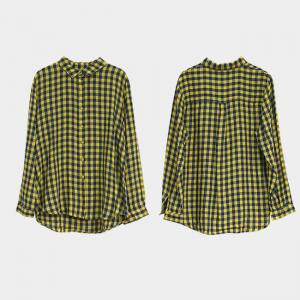 Relax-Fit Yellow Tartan Shirt Womens Linen Checkered Blouse