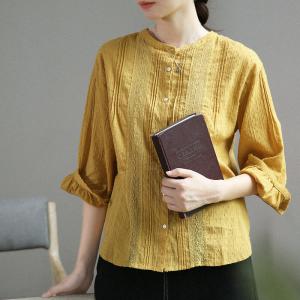 Puff Sleeves Lace Crochet Blouse Cotton Loose Mustard Top