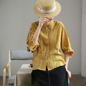 Puff Sleeves Lace Crochet Blouse Cotton Loose Mustard Top