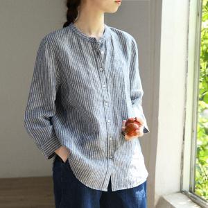 Embroidery Sleeves Pinstriped Shirt Womens Oversized Linen Blouse