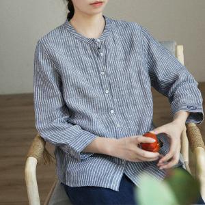 Embroidery Sleeves Pinstriped Shirt Womens Oversized Linen Blouse