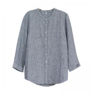 Embroidery Sleeves Pinstriped Shirt Womens Oversized Linen Blouse