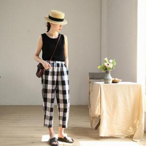 Classic Linen Tartan Pants Straight Legs Comfy Ankle Pants