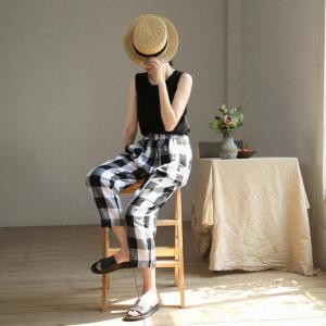 Classic Linen Tartan Pants Straight Legs Comfy Ankle Pants