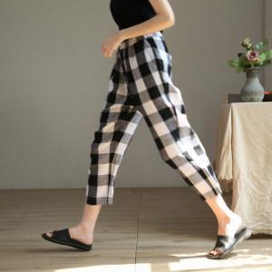 Classic Linen Tartan Pants Straight Legs Comfy Ankle Pants