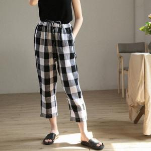 Classic Linen Tartan Pants Straight Legs Comfy Ankle Pants