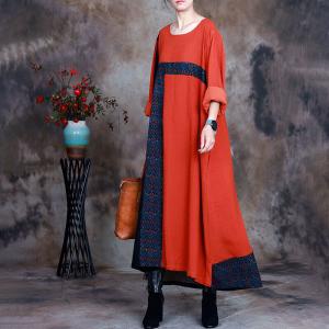 Crew Neck Jacquard Fall Dress Silky Asymmetrical Modest Dress