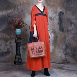 V-Neck Printed Jacquard Silky Dress Loose Plus Size Frock