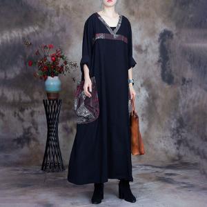 V-Neck Printed Jacquard Silky Dress Loose Plus Size Frock