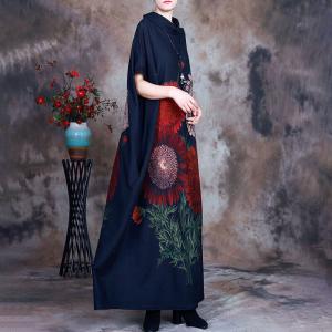 Chrysanthemum Prints Black Winter Dress Mock Neck Caftan