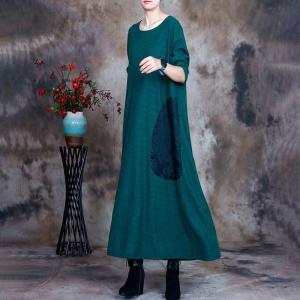 Printed Pockets Plus Size Sweater Dress Wool Cotton Winter Dress