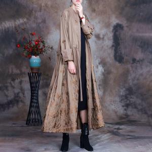 Long Sleeve Embroidery Trench Coat Long Wrap Coat for Women