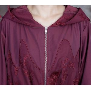 Front Zip Hooded Trench Coat Tied Embroidery Outerwear
