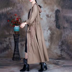 Front Zip Hooded Trench Coat Tied Embroidery Outerwear