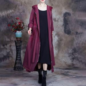 Front Zip Hooded Trench Coat Tied Embroidery Outerwear